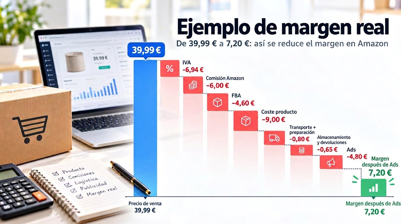 Ejemplo del cálculo del margen de un producto vendido en Amazon por 39,99 euros después de IVA, comisión, FBA, coste de producto, logística y publicidad