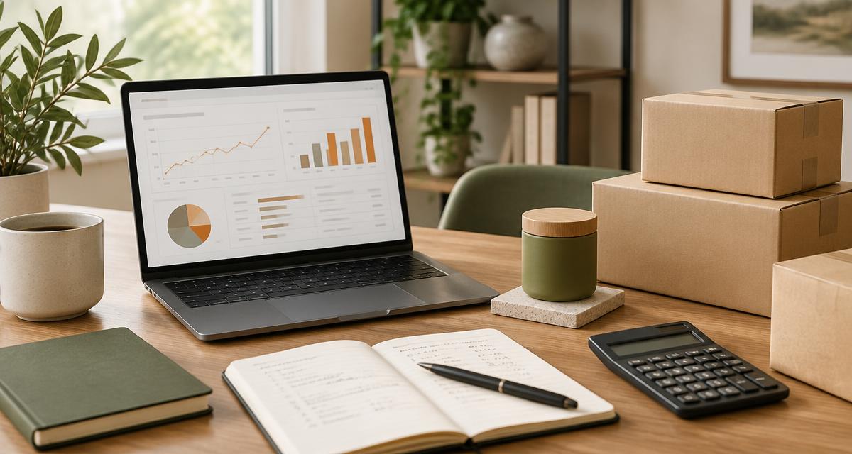 Escritorio con portátil mostrando gráficos de ventas, cajas de envío, cuaderno con cálculos y calculadora