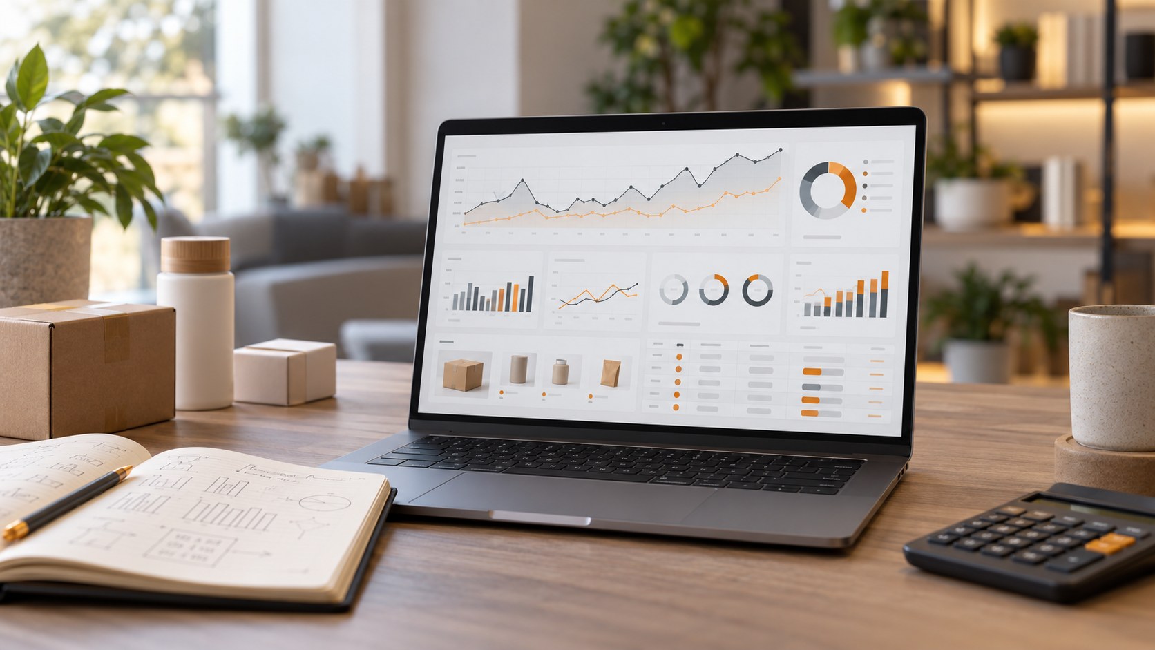 Portátil sobre una mesa con un panel de análisis de ventas y rentabilidad en Amazon, junto a un cuaderno con esbozos de gráficos y una calculadora